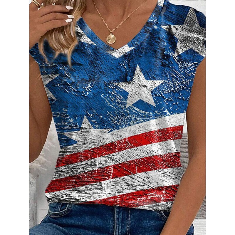 Women's Patriotic  Camisole Tank Top American Flag Casual Short Sleeve V Neck Regular Tops Daily Blue Summer3