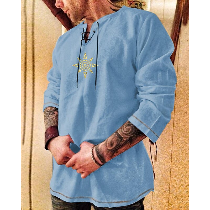 Men's Shirt Cotton Linen Shirt Casual Shirt Sun Party / Evening Masquerade Black Blue Khaki Army Green Long Sleeve Crew Neck Spring &  Fall Clothing Apparel Lace up4