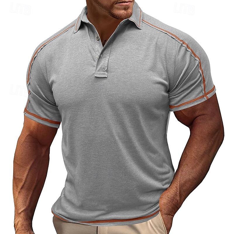 Men's Polo Shirt Golf Shirt Work Business Ribbed Polo Collar Classic Short Sleeve Basic Modern Solid Color Patchwork Button Spring & Summer Regular Fit Light Green Light Red Blue Light Purple Khaki
