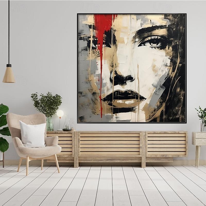 Hand painted Woman Face Red Gray Gold Black oil painting 100% Hand Painted Textured face Painting Acrylic Abstract Oil Painting Wall Decor painting for Living Room Office decoration