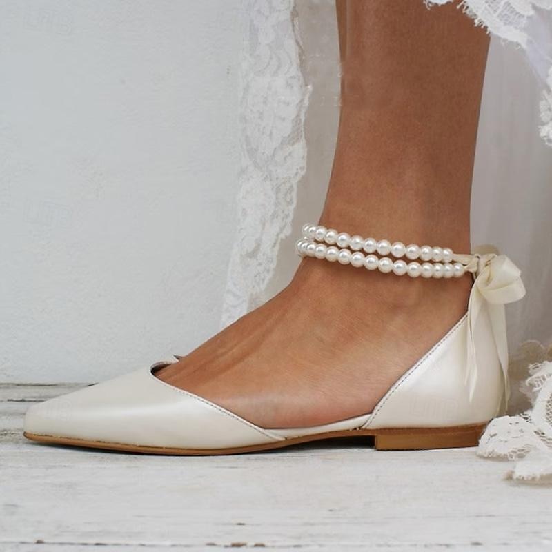 Women's White Pearl Ankle Strap Flats – Elegant Bridal Shoes for Weddings and Special Occasions4