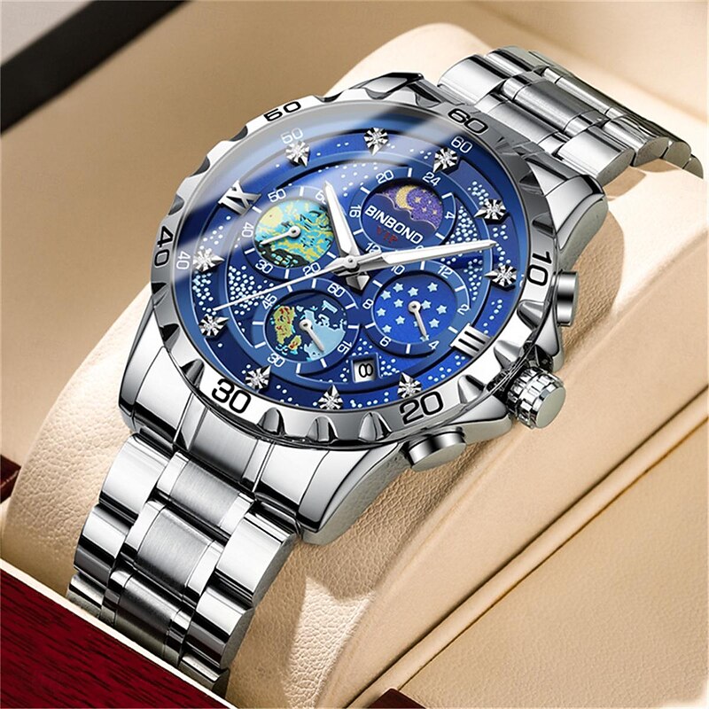 BINBOND Men Quartz Watch Fashion Business Wristwatch Moon phase Luminous Calendar Waterproof Steel Watch