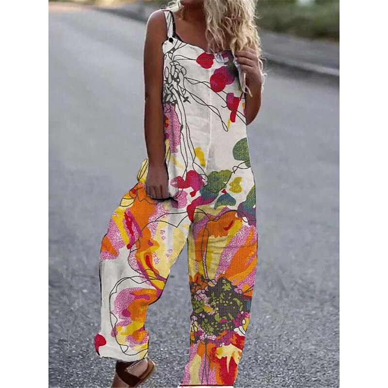 Women's Normal Overall Streetwear Floral Sleeveless Square Neck Print Street Daily Regular Fit White Pink Orange Summer3