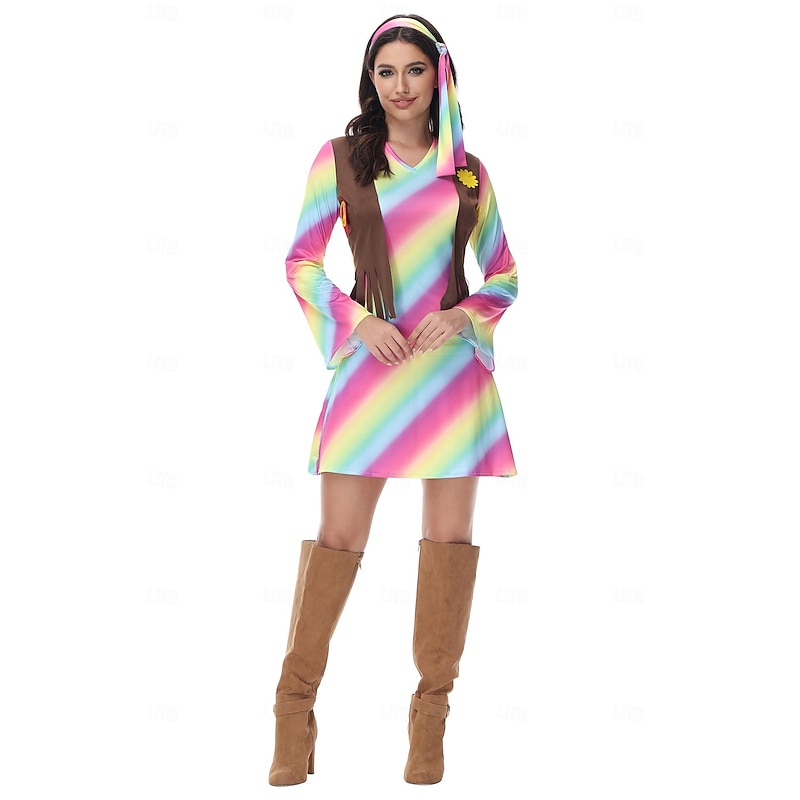 Retro Vintage 1960s Hippie Dress Headband 70s Fancy Dress Women Hippie V Neck Fancy Dress Women's Halloween Carnival Masquerade Party / Evening Pride Parade Pride Month Adults' Dress Headband2