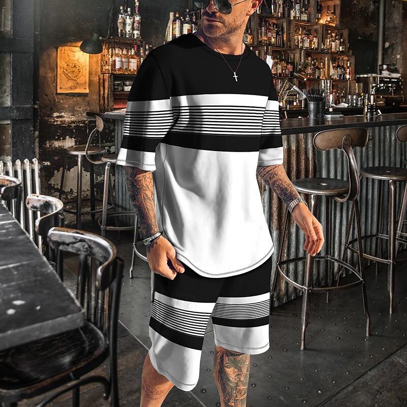 Men's T-shirt Suits 2 Pieces Outfits Tee & Shorts Short Sleeve Crew Neck Summer Color Block Stripes Fashion Casual 2 Piece Vacation Daily Wear Going out Black Blue Brown Top Tee for Men3