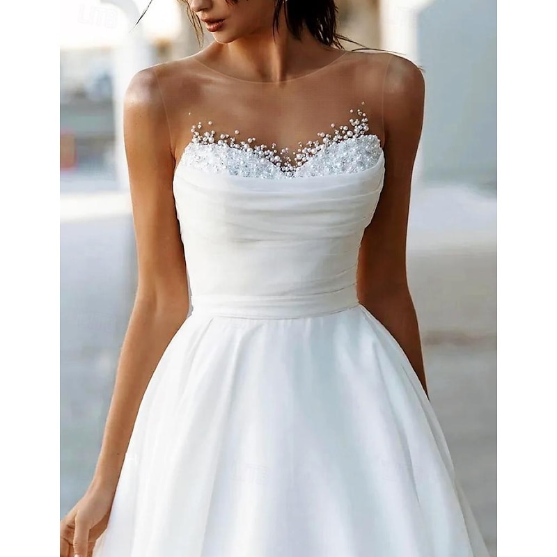 Beach Wedding Dresses A-Line Boat Neck Sleeveless Sweep / Brush Train Tulle Bridal Gowns With Solid Color2