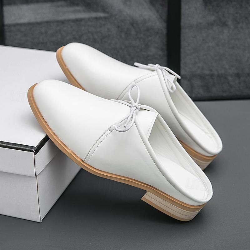 Men's White Slip-On Mule Oxfords - Minimalist Faux Leather Design with Low Heel for Casual and Office Wear3