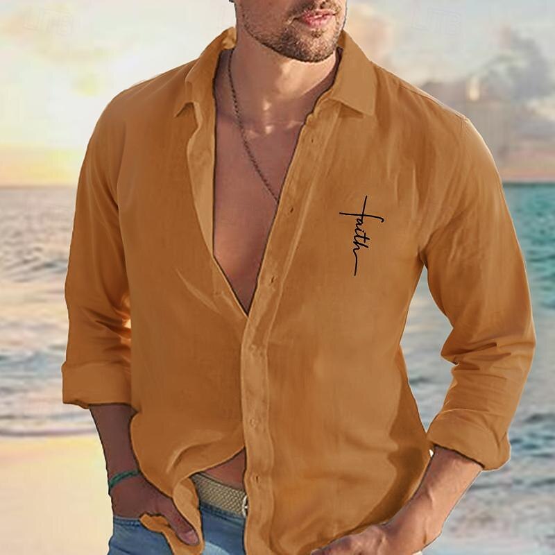 Men's Shirt Linen Shirt Casual Shirt Button Up Shirt Cotton Shirt Faith Hawaiian Holiday White Pink Light Blue Long Sleeve Turndown Spring &  Fall Clothing Apparel Embroidered3