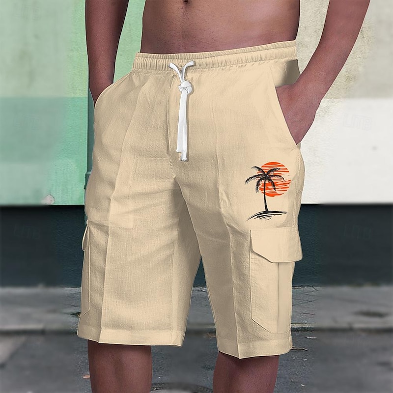 Coconut Tree Men's Shorts Summer Hawaiian Shorts Casual Shorts Side Pockets Drawstring Elastic Waist Breathable Soft Short Daily Holiday Bottoms