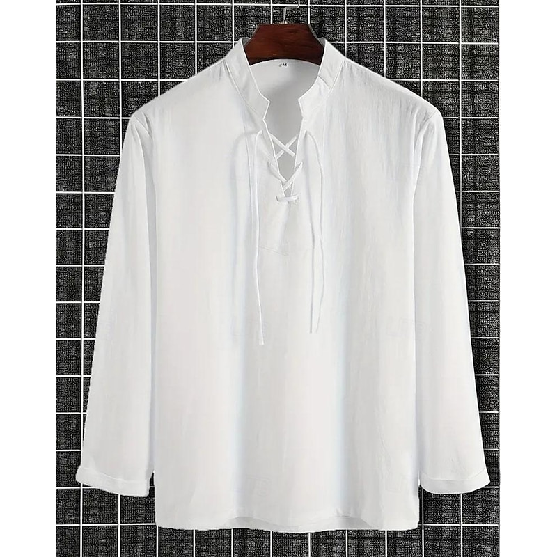 Men's Shirt Casual Shirt Cotton Shirt Plain Hawaiian Holiday Black White Khaki Long Sleeve Band Collar Spring &  Fall Clothing Apparel Lace up