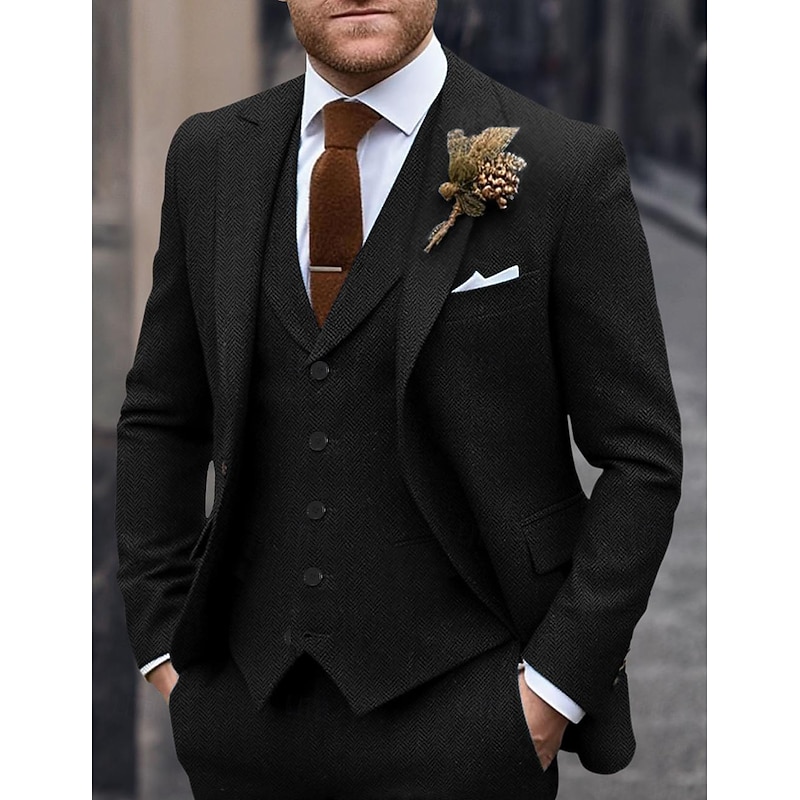 Men's Wedding Party Suits Notch Lapel Brown Daily Business Herringbone Tailored Fit 3 Piece Single Breasted One-button4