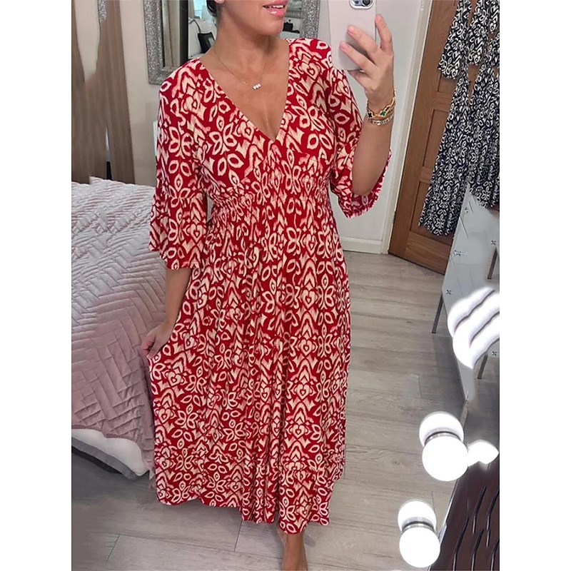 Women's Casual Dress Floral Print V Neck Long Dress Maxi Dress Ethnic Casual Daily Vacation 3/4 Length Sleeve Summer2