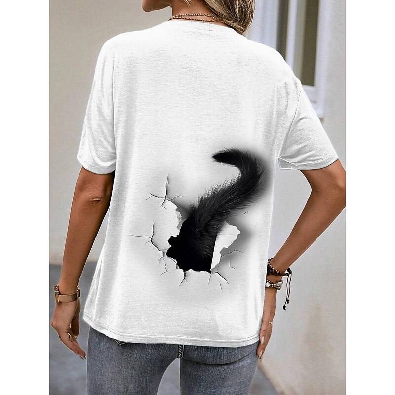 Women's T Shirt Casual Short Sleeve Round Neck Cat 3D Print Illusion Graphic Novelty Tee White Breathable Soft Comfortable Summer Daily Wear Pet Lovers Clothing3