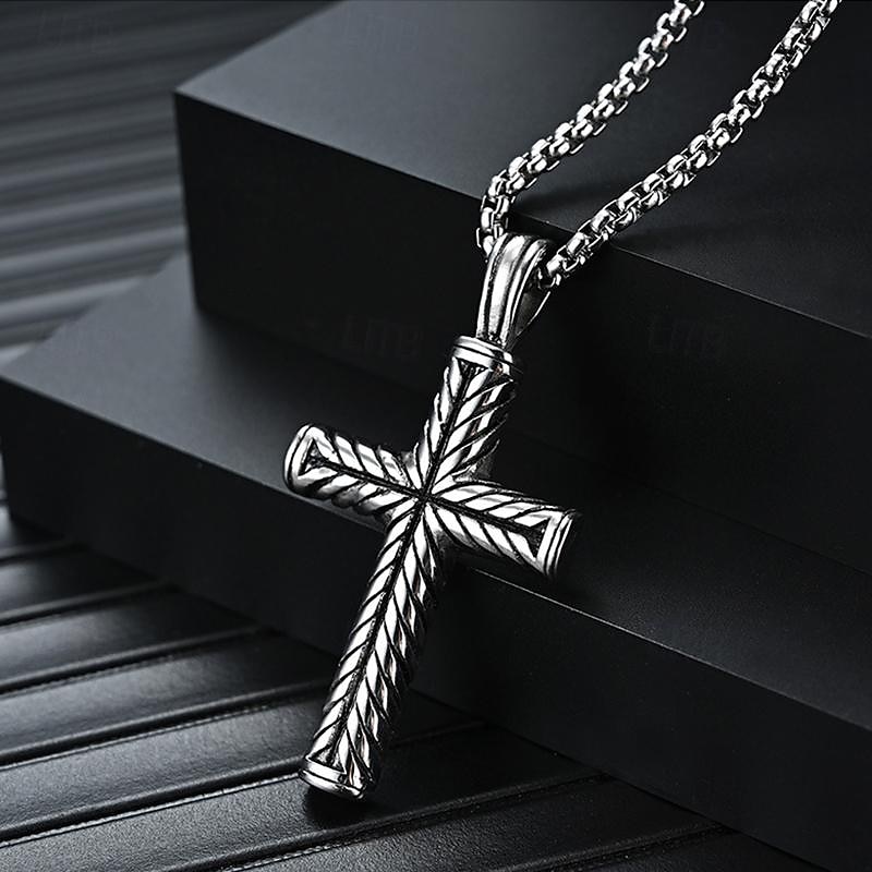 Men's Pendant Necklace Steel color and steel color flower blue chain Stainless Steel Cross