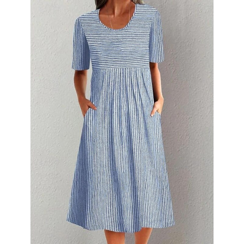 Women's Jumper Dress Stripe Ruched Print Crew Neck Midi Dress Elegant Bohemia Home Daily Summer