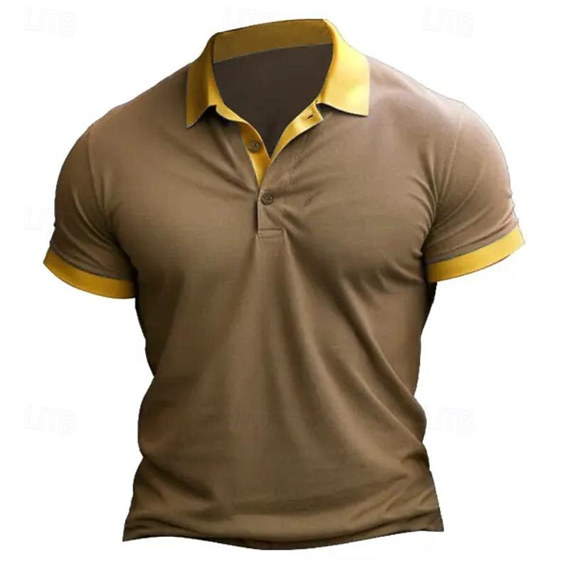 Men's Golf Shirt Golf Polo Work Casual Lapel Short Sleeve Basic Modern Color Block Patchwork Button Spring & Summer Regular Fit Wine Black Blue Brown Golf Shirt3