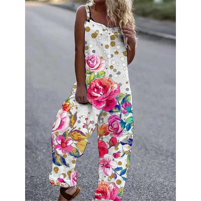 Women's Normal Overall Streetwear Floral Sleeveless Square Neck Print Street Daily Regular Fit White Pink Orange Summer - Main Image