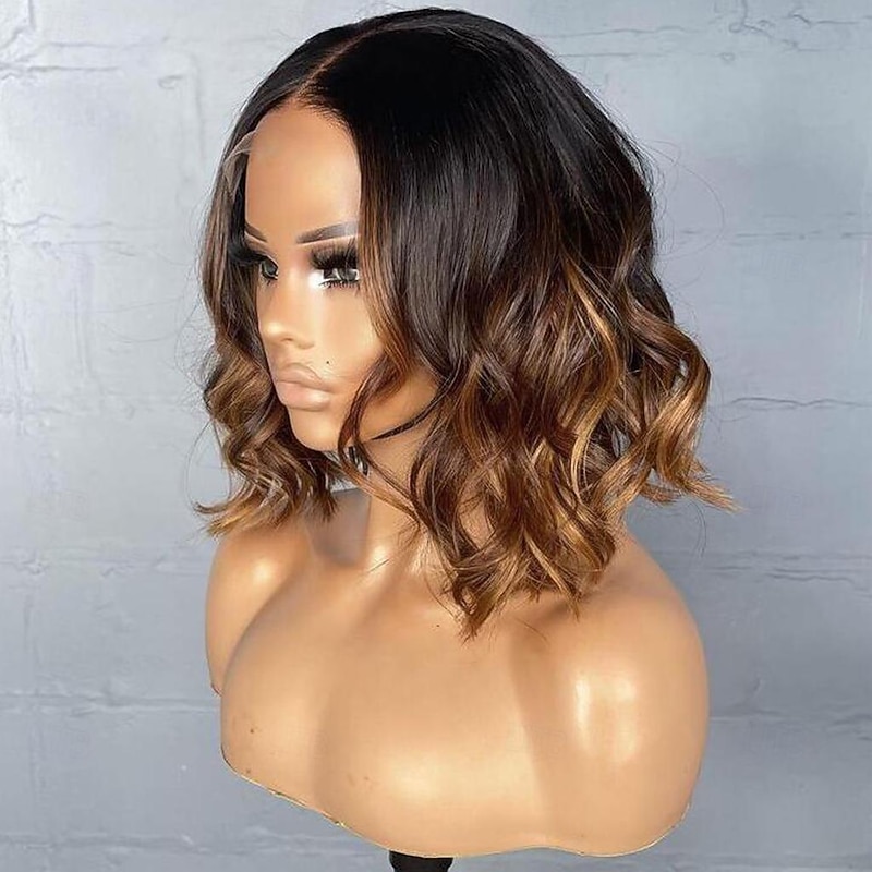 Remy Human Hair 13x4 Lace Front Wig Short Bob Brazilian Hair Wavy Brown Wig 130% 150% Density with Baby Hair Ombre Hair 100% Virgin Pre-Plucked For Women Short Human Hair Lace Wig2