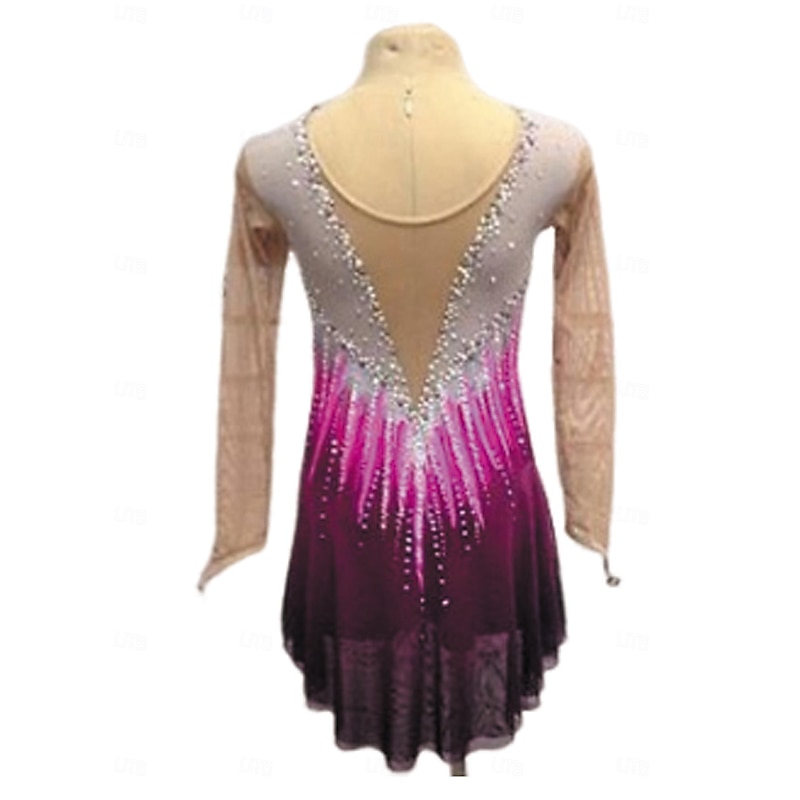 Figure Skating Dress Women's Girls' Ice Skating Dress Fuchsia Patchwork Thumbhole Mesh Spandex Stretchy Training Practice Professional Skating Wear Thermal Warm Crystal / Rhinestone Long Sleeve Ice3