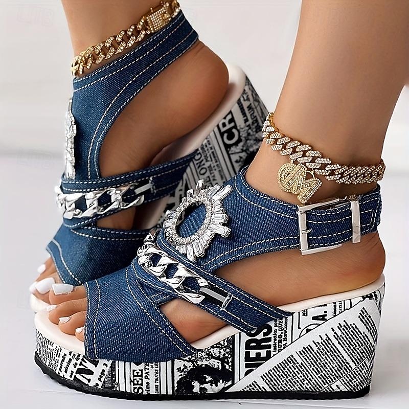 Women's Denim Platform Wedge Sandals with Rhinestone Chain Detail and Newspaper Print Sole, Trendy Peep Toe Summer Shoes for Streetwear and Party Outfits