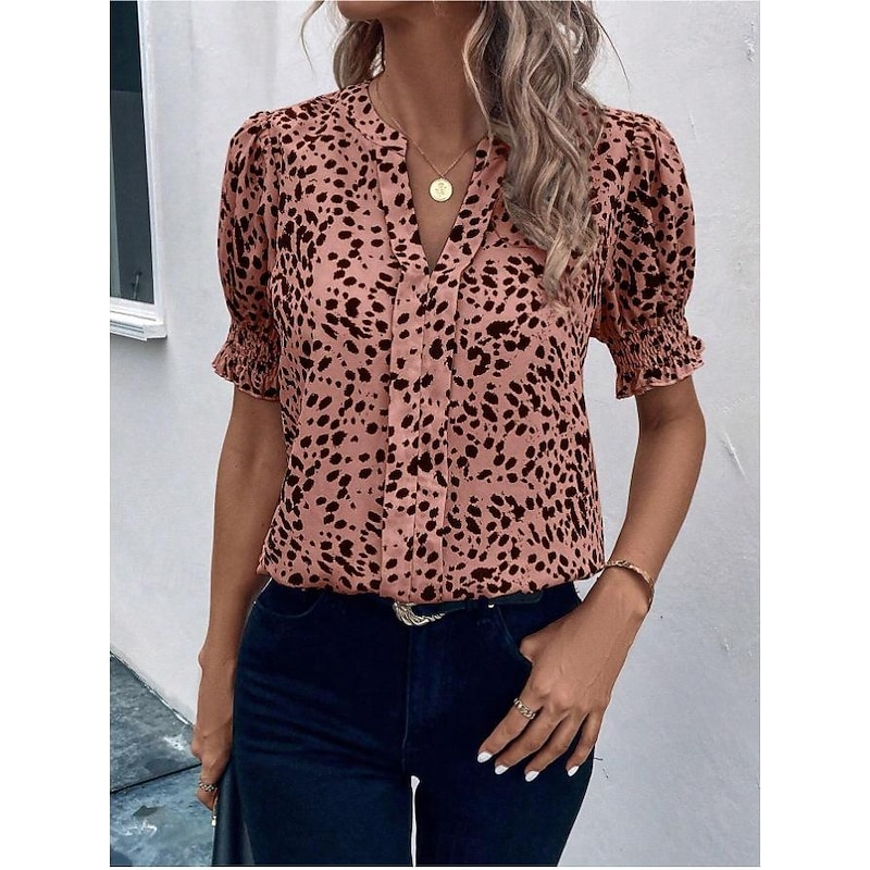 Women's Shirt Blouse Casual Polka Dot Print Short Sleeve Regular Tops V Neck Daily Pink Blue Beige Summer4