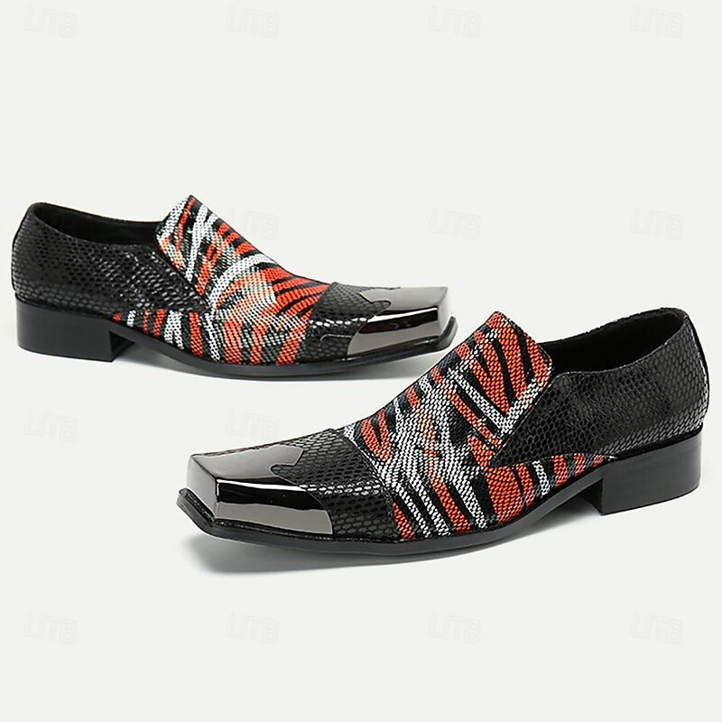 Men's Patent Leather Animal Print Loafers, Bold Red and Black Snake Skin Design with Gold Tip Square Toe, Perfect for Fashion-Forward Events and Parties4