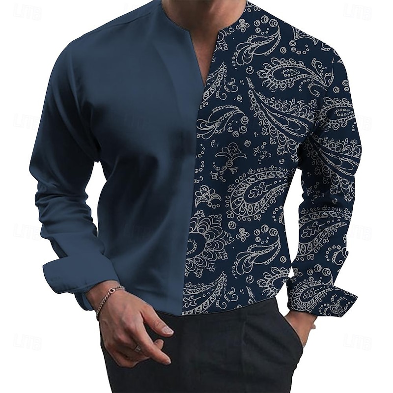 Men's Shirt Formal Daily Blue Long Sleeve V Neck Summer Spring Clothing Apparel Print