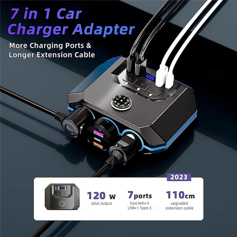 High-Power 120W 7-in-1 Car Charger with 3 Sockets and 4 USB Ports - Individual Switches LED Voltage Display for Efficient Multi-Device Charging