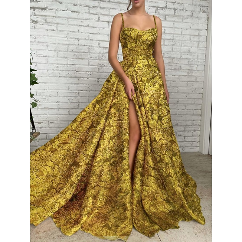 A-Line Gold Dresses  Evening Gown High Split Dress Formal Court Train Sleeveless Spaghetti Strap Sequined with Glitter Pleats Ruched Wedding Guest Dress
