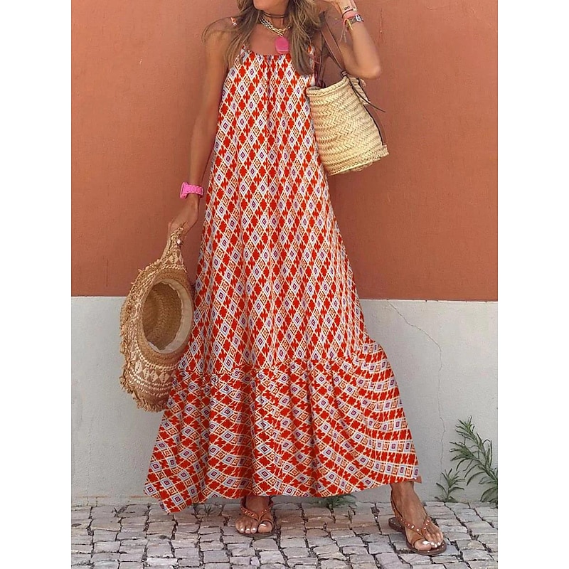 Women's Casual Dress Swing Dress Slip Dress Geometric Plaid Backless Print Strap Long Dress Maxi Dress Stylish Casual Daily Date Sleeveless Summer2