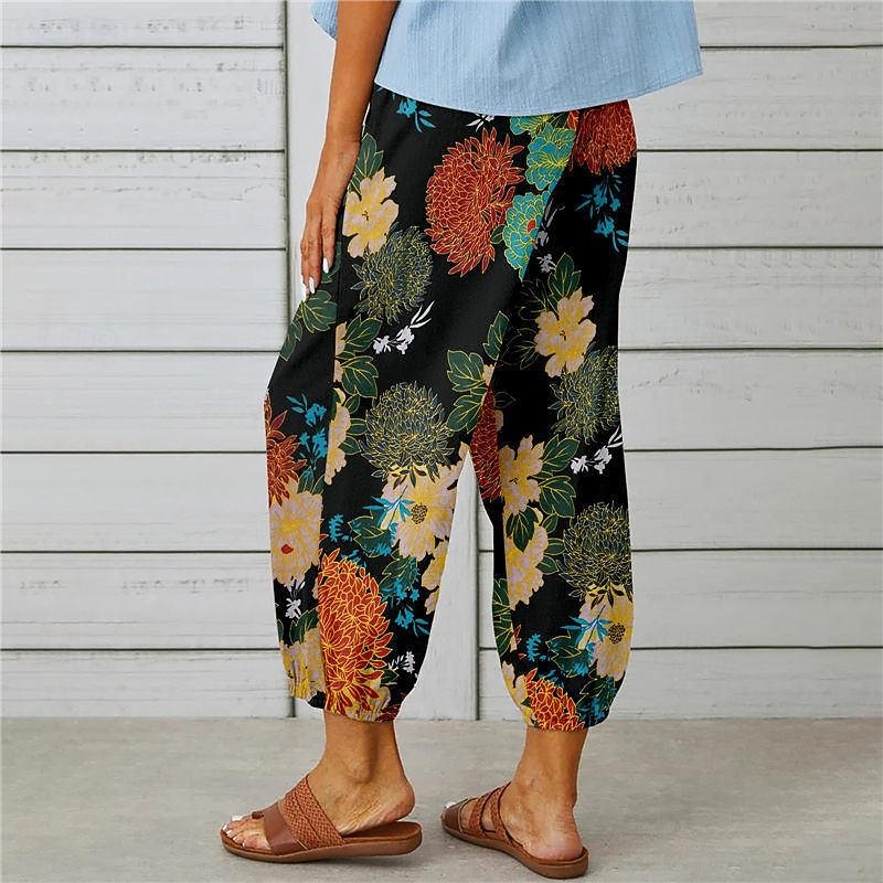 Women's Cotton Linen Pants Pants Trousers Casual Daily Ankle-Length Floral Graphic Drawstring Print Breathability Comfortable Inelastic Weekend Black Navy Blue Blue Orange Spring & Summer Regular Fit4