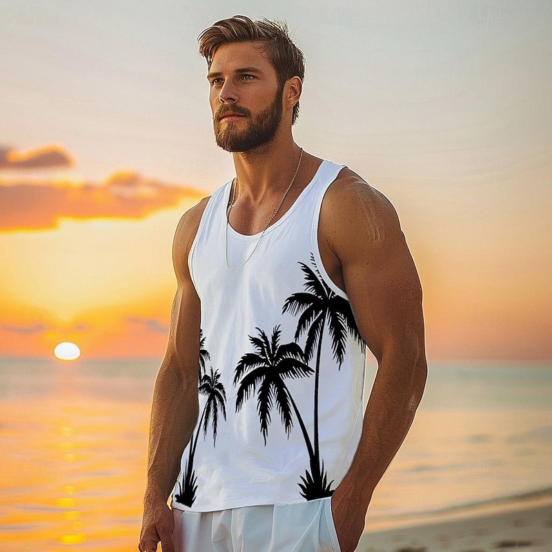 Men's 100% Cotton Graphic Tank Top Conch Fashion Outdoor Casual 3D Print  Vest Top Undershirt Street Casual Daily T shirt White Blue Sleeveless Crew Neck Shirt Spring & Summer Clothing Apparel