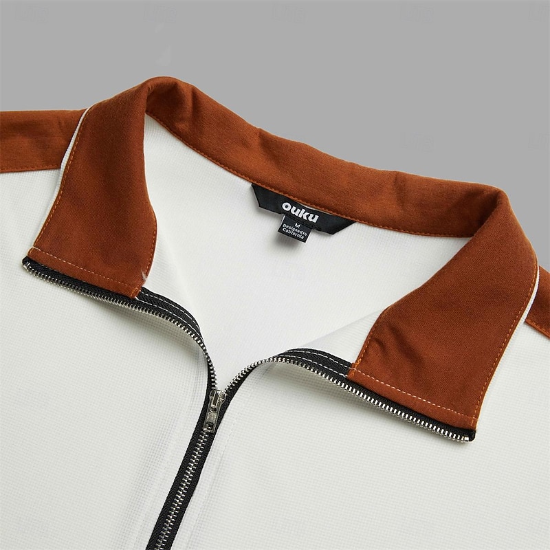 Men's T Shirt Jacket Waffle Knit Tee Tee Top Long Sleeve Standing Collar Spring &  Fall Color Block Fashion Designer Basic Zip Up Patchwork Vacation Street Going out White Blue Khaki Top Tee for Men4