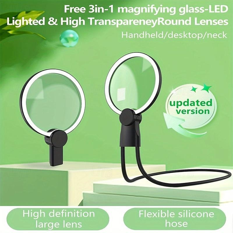 1pc Hands-Free Lighted Magnifier, Neck-Wearable Large Lens for Close Work, LED Illuminated Magnifying Glass for Reading, Sewing, Cross Stitching, with Type-C Magnetic Design4