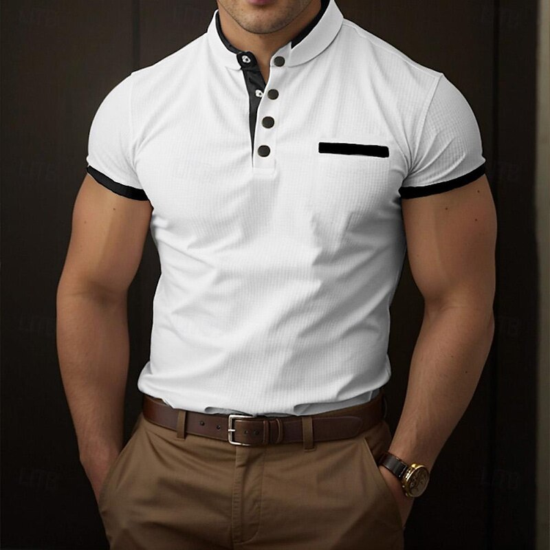 Men's Golf Shirt Golf Polo Work Casual Stand Collar Short Sleeve Basic Modern Color Block Patchwork Button Spring & Summer Regular Fit Wine White Khaki Golf Shirt2