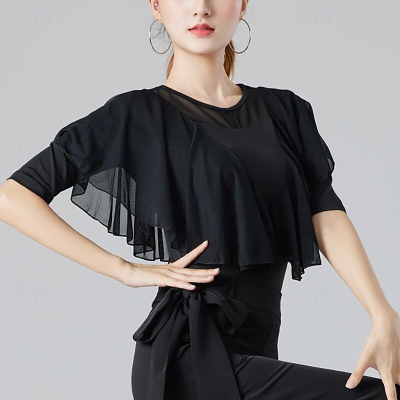Latin Dance Ballroom Dance Top Ruffles Pure Color Splicing Women's Performance Training Half Sleeve High Cotton Blend4