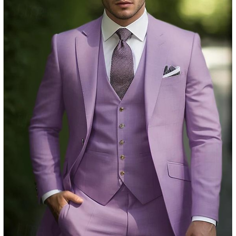 Men's Wedding Suits Notch Pink Burgundy Solid Colored Tailored Fit 3 Piece Single Breasted One-button