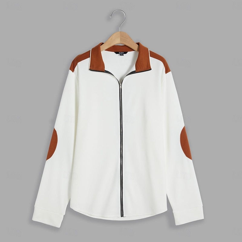 Men's T Shirt Jacket Waffle Knit Tee Tee Top Long Sleeve Standing Collar Spring &  Fall Color Block Fashion Designer Basic Zip Up Patchwork Vacation Street Going out White Blue Khaki Top Tee for Men2