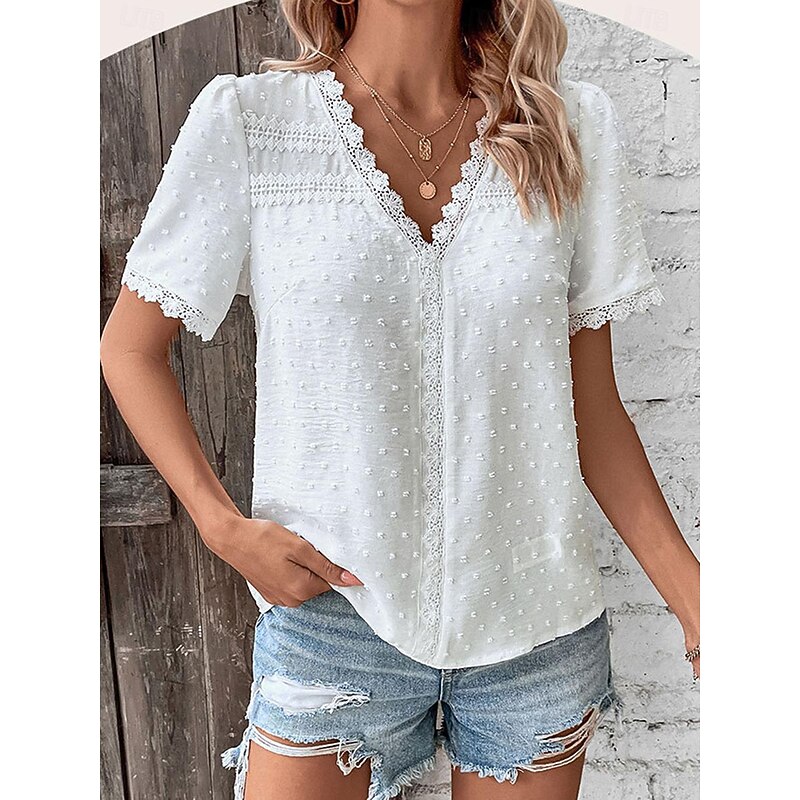 Women's Shirt Blouse Casual Lace Short Sleeve Regular Tops V Neck Daily White Army Green Navy Blue Khaki Summer2