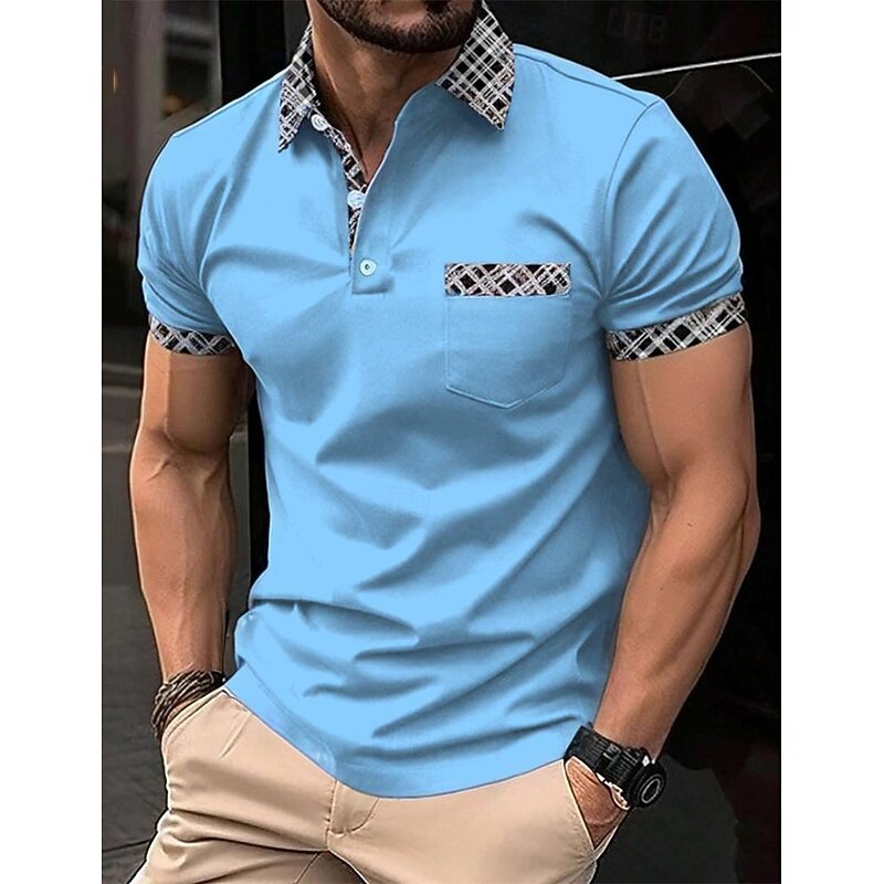 Men's Polo Shirts Golf Shirt Casual Holiday Lapel Short Sleeve Fashion Basic Plaid Color Block Patchwork Pocket Summer Regular Fit Light Blue White Orange Khaki Polo Shirts
