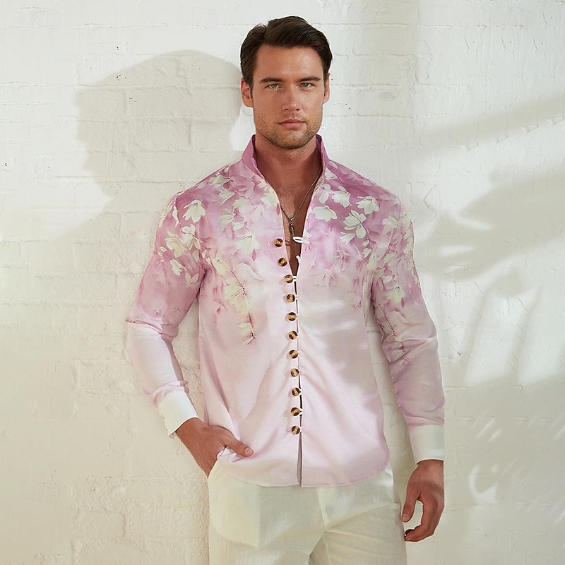 Men's Floral Shirt Linen Shirt Aloha Shirt Long Sleeve Casual Daily Wear Going out Weekend Spring Standing Collar Print Button-Down Blue Purple Green4