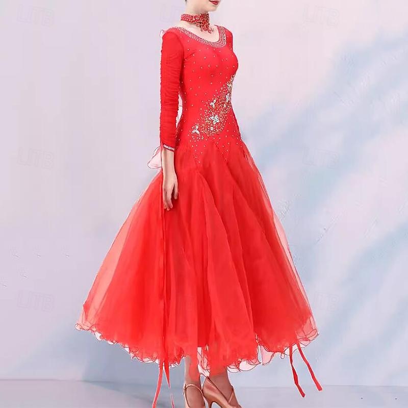 Ballroom Dance Dress Crystals / Rhinestones Women's Performance Party Long Sleeve Elastane4