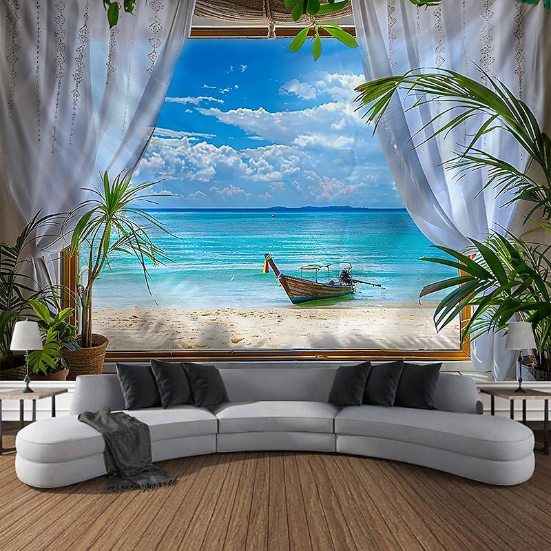 Window Ocean Boat Hanging Tapestry Wall Art Large Tapestry Mural Decor Photograph Backdrop Blanket Curtain Home Bedroom Living Room Decoration4