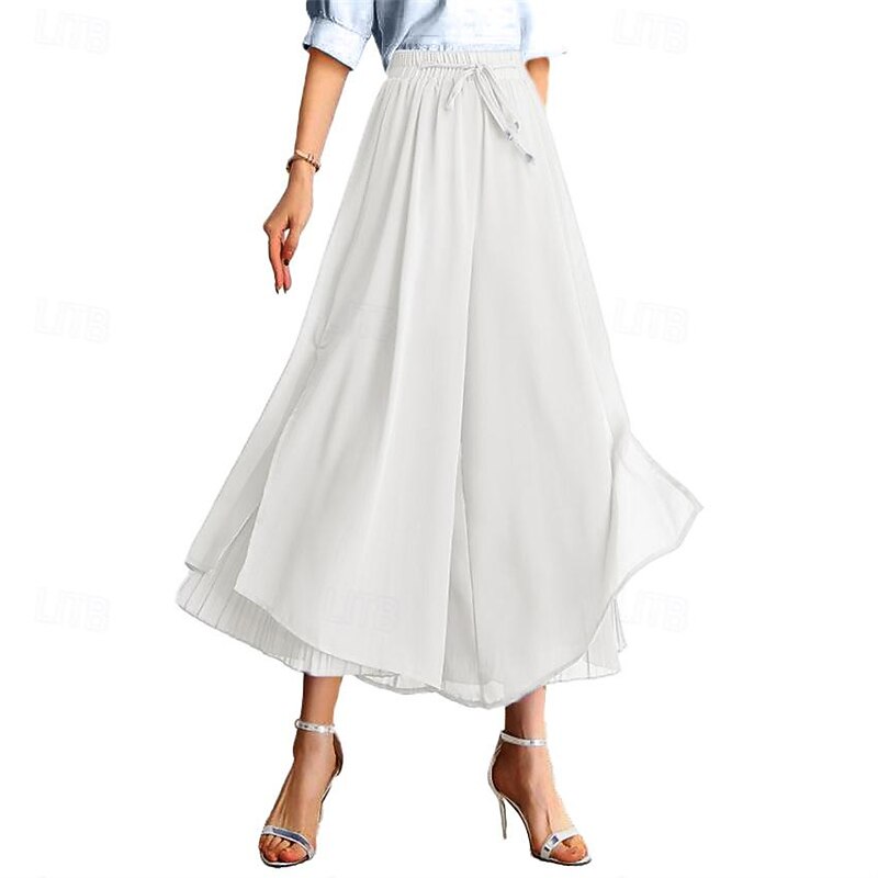 Women's Normal Wide Leg Swing Skort Elegant Casual Daily Ankle-Length High Waist Solid Colored Pleated Patchwork Elastic Waist Comfortable Micro-elastic Daily Wear Casual Daily Black White Blue4