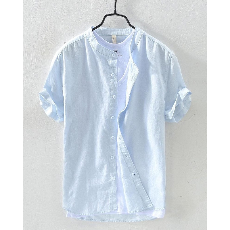 Men's Shirt Cotton Linen Shirt White Cotton Shirt Chinese Collar Shirt Mandarin Collar Shirt Casual Shirt Plain Vacation Street White Navy Blue Gray Light Blue Short Sleeve Grandad Collar Summer4