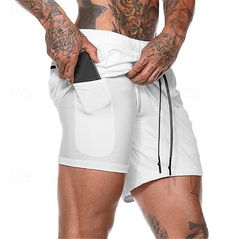 Men's Gym Shorts Sports Fitness Running Casual Drawstring Compression Liner Elastic Waist Plain Knee Length Gymnatics Activewear Black White Micro-elastic2