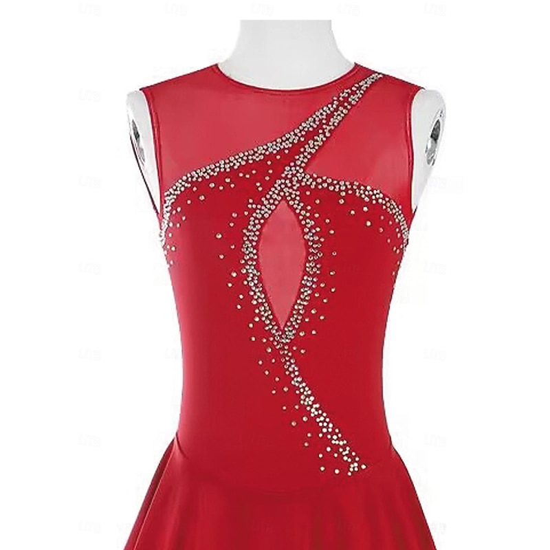 Figure Skating Dress Women's Girls' Ice Skating Dress Burgundy Patchwork Thumbhole Mesh Spandex Stretchy Training Practice Professional Skating Wear Thermal Warm Crystal / Rhinestone Sleeveless Ice3