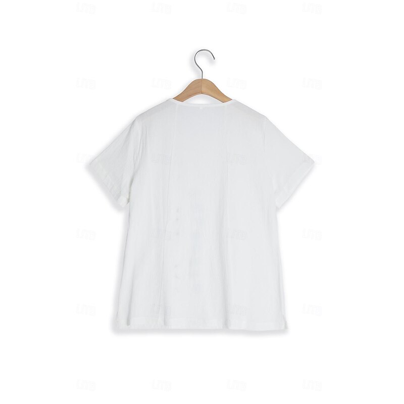 Women's 100% Cotton Shirt Tunic Short Sleeve Crew Neck White Summer Linen Like4