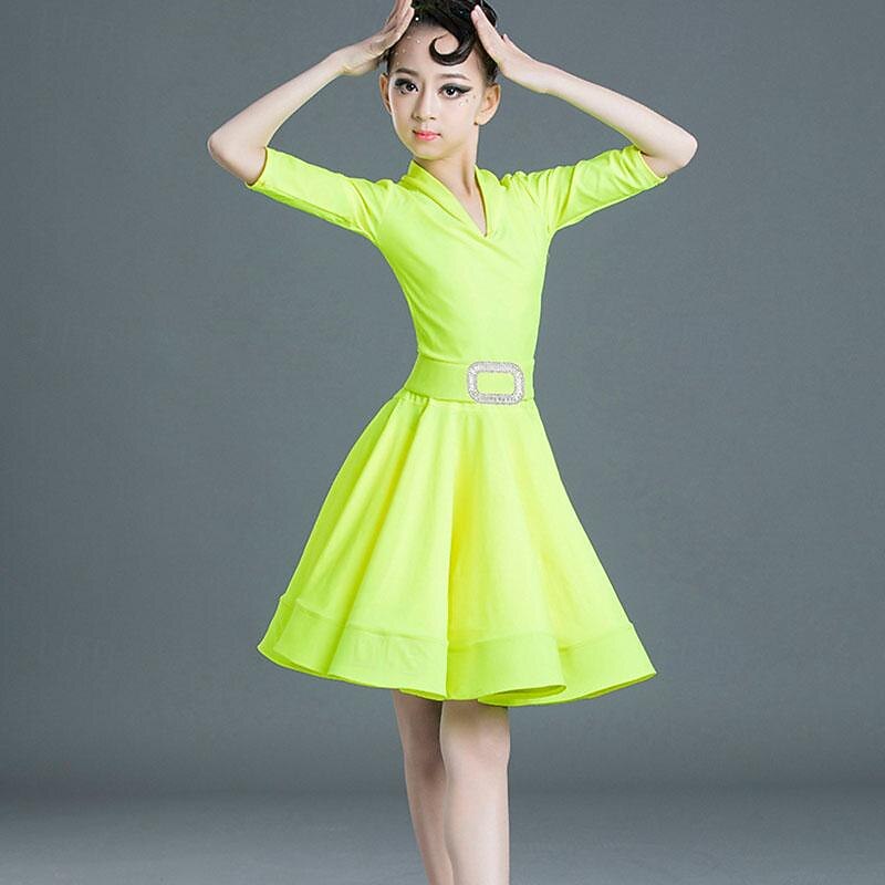 Latin Dance Kids' Dancewear Dress Pure Color Splicing Girls' Performance Training Half Sleeve High Polyester2