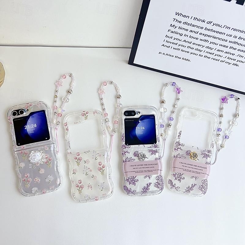 Phone Case For Samsung Galaxy Z Flip 6 Z Flip 5 Z Flip 4 Z Flip 3 Back Cover Translucent with Wrist Strap Shockproof Cartoon Flower Floral TPU